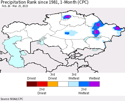 Kazakhstan Precipitation Rank since 1981, 1-Month (CPC) Thematic Map For 2/26/2023 - 3/25/2023