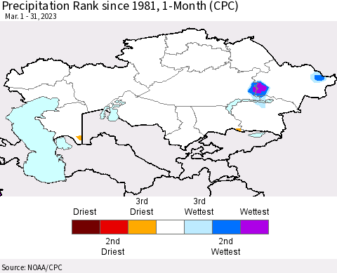 Kazakhstan Precipitation Rank since 1981, 1-Month (CPC) Thematic Map For 3/1/2023 - 3/31/2023