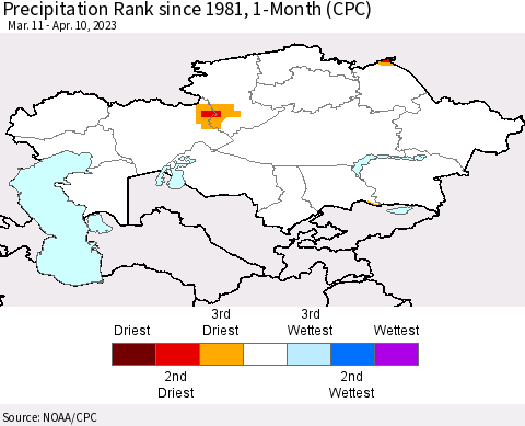 Kazakhstan Precipitation Rank since 1981, 1-Month (CPC) Thematic Map For 3/11/2023 - 4/10/2023