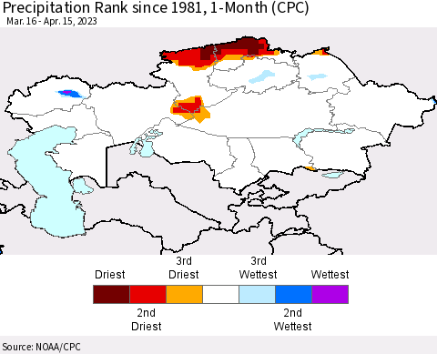 Kazakhstan Precipitation Rank since 1981, 1-Month (CPC) Thematic Map For 3/16/2023 - 4/15/2023