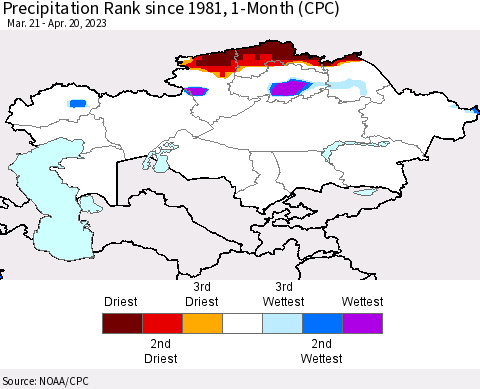 Kazakhstan Precipitation Rank since 1981, 1-Month (CPC) Thematic Map For 3/21/2023 - 4/20/2023