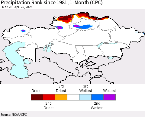 Kazakhstan Precipitation Rank since 1981, 1-Month (CPC) Thematic Map For 3/26/2023 - 4/25/2023