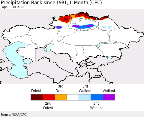 Kazakhstan Precipitation Rank since 1981, 1-Month (CPC) Thematic Map For 4/1/2023 - 4/30/2023