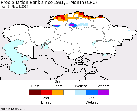 Kazakhstan Precipitation Rank since 1981, 1-Month (CPC) Thematic Map For 4/6/2023 - 5/5/2023