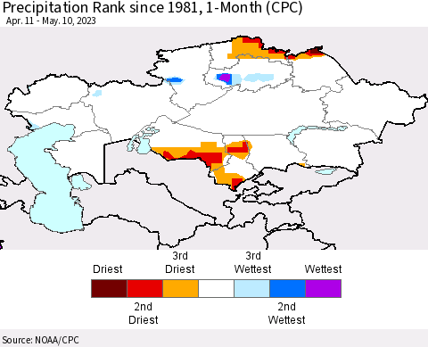Kazakhstan Precipitation Rank since 1981, 1-Month (CPC) Thematic Map For 4/11/2023 - 5/10/2023
