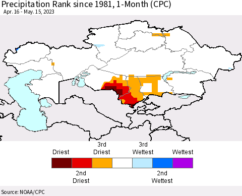 Kazakhstan Precipitation Rank since 1981, 1-Month (CPC) Thematic Map For 4/16/2023 - 5/15/2023