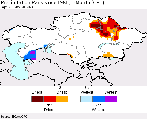Kazakhstan Precipitation Rank since 1981, 1-Month (CPC) Thematic Map For 4/21/2023 - 5/20/2023