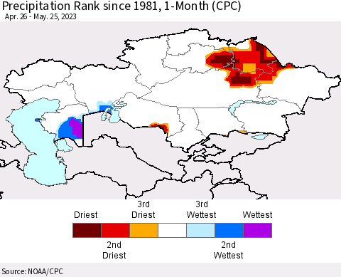 Kazakhstan Precipitation Rank since 1981, 1-Month (CPC) Thematic Map For 4/26/2023 - 5/25/2023