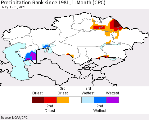 Kazakhstan Precipitation Rank since 1981, 1-Month (CPC) Thematic Map For 5/1/2023 - 5/31/2023