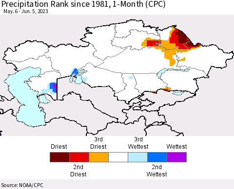 Kazakhstan Precipitation Rank since 1981, 1-Month (CPC) Thematic Map For 5/6/2023 - 6/5/2023