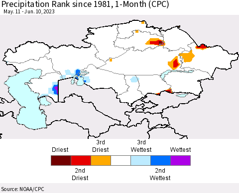 Kazakhstan Precipitation Rank since 1981, 1-Month (CPC) Thematic Map For 5/11/2023 - 6/10/2023