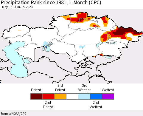 Kazakhstan Precipitation Rank since 1981, 1-Month (CPC) Thematic Map For 5/16/2023 - 6/15/2023