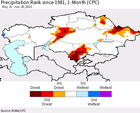 Kazakhstan Precipitation Rank since 1981, 1-Month (CPC) Thematic Map For 5/21/2023 - 6/20/2023
