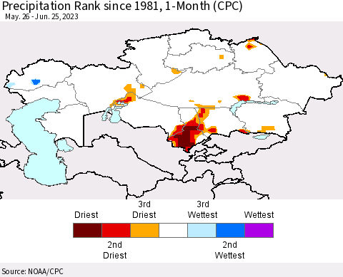 Kazakhstan Precipitation Rank since 1981, 1-Month (CPC) Thematic Map For 5/26/2023 - 6/25/2023