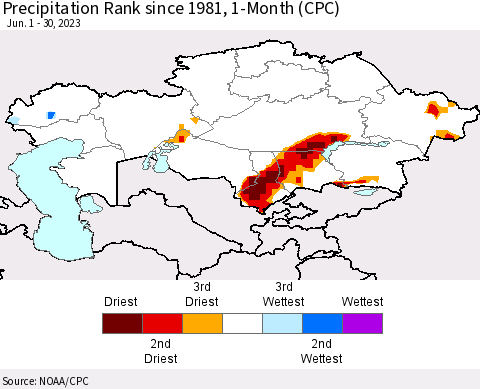Kazakhstan Precipitation Rank since 1981, 1-Month (CPC) Thematic Map For 6/1/2023 - 6/30/2023
