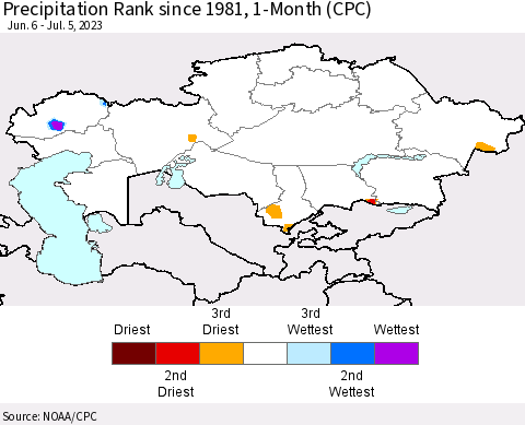 Kazakhstan Precipitation Rank since 1981, 1-Month (CPC) Thematic Map For 6/6/2023 - 7/5/2023