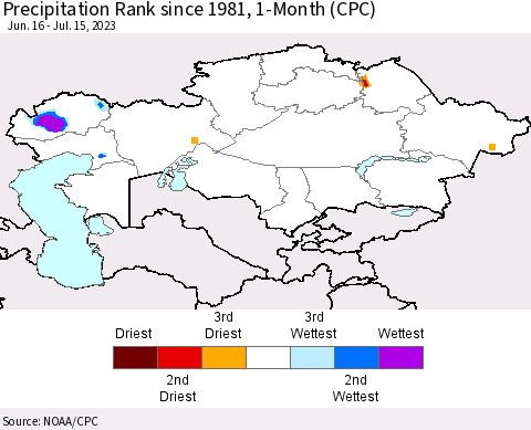 Kazakhstan Precipitation Rank since 1981, 1-Month (CPC) Thematic Map For 6/16/2023 - 7/15/2023