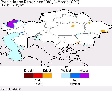 Kazakhstan Precipitation Rank since 1981, 1-Month (CPC) Thematic Map For 6/21/2023 - 7/20/2023
