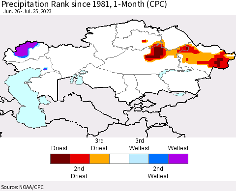 Kazakhstan Precipitation Rank since 1981, 1-Month (CPC) Thematic Map For 6/26/2023 - 7/25/2023