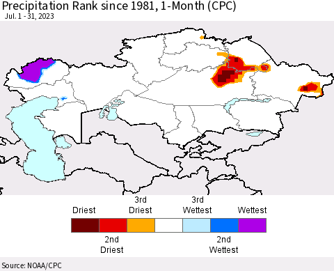 Kazakhstan Precipitation Rank since 1981, 1-Month (CPC) Thematic Map For 7/1/2023 - 7/31/2023