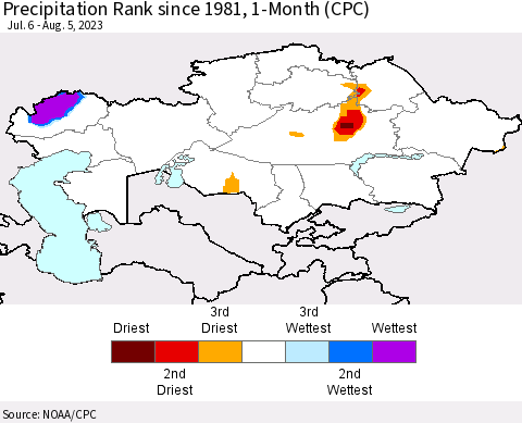 Kazakhstan Precipitation Rank since 1981, 1-Month (CPC) Thematic Map For 7/6/2023 - 8/5/2023