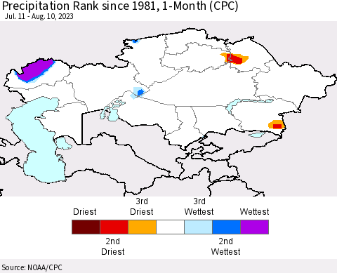 Kazakhstan Precipitation Rank since 1981, 1-Month (CPC) Thematic Map For 7/11/2023 - 8/10/2023