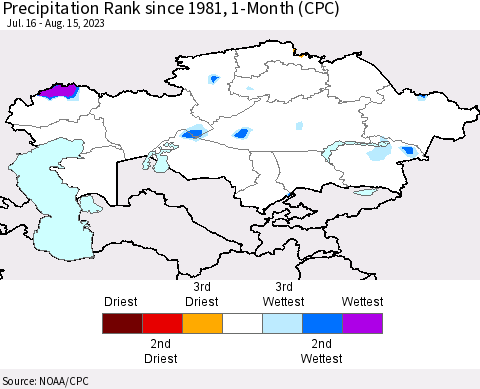 Kazakhstan Precipitation Rank since 1981, 1-Month (CPC) Thematic Map For 7/16/2023 - 8/15/2023
