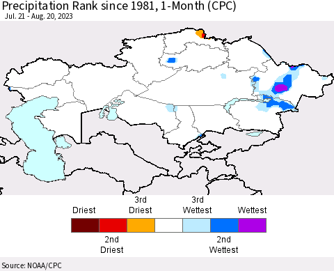 Kazakhstan Precipitation Rank since 1981, 1-Month (CPC) Thematic Map For 7/21/2023 - 8/20/2023