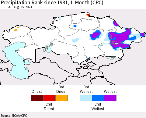 Kazakhstan Precipitation Rank since 1981, 1-Month (CPC) Thematic Map For 7/26/2023 - 8/25/2023