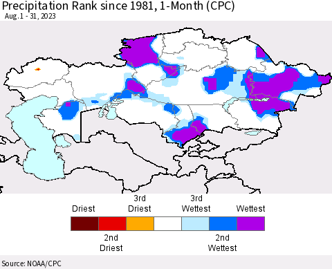 Kazakhstan Precipitation Rank since 1981, 1-Month (CPC) Thematic Map For 8/1/2023 - 8/31/2023