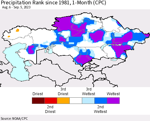 Kazakhstan Precipitation Rank since 1981, 1-Month (CPC) Thematic Map For 8/6/2023 - 9/5/2023