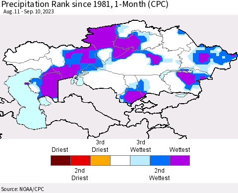 Kazakhstan Precipitation Rank since 1981, 1-Month (CPC) Thematic Map For 8/11/2023 - 9/10/2023