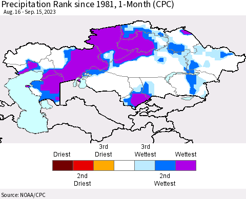 Kazakhstan Precipitation Rank since 1981, 1-Month (CPC) Thematic Map For 8/16/2023 - 9/15/2023