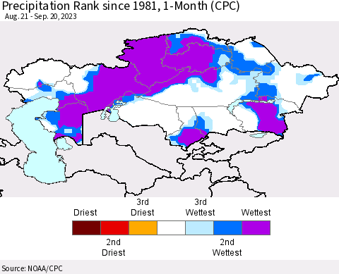 Kazakhstan Precipitation Rank since 1981, 1-Month (CPC) Thematic Map For 8/21/2023 - 9/20/2023