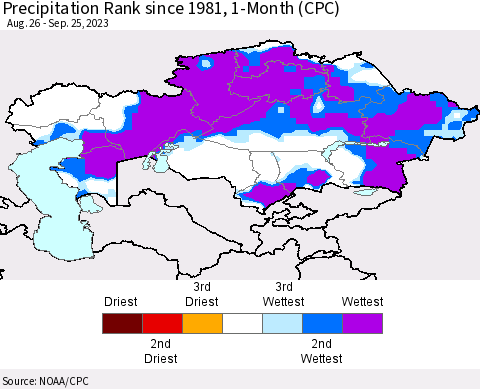 Kazakhstan Precipitation Rank since 1981, 1-Month (CPC) Thematic Map For 8/26/2023 - 9/25/2023