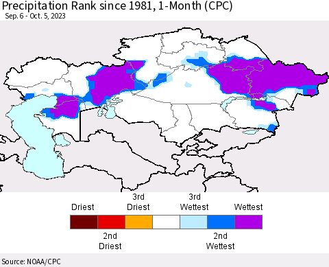 Kazakhstan Precipitation Rank since 1981, 1-Month (CPC) Thematic Map For 9/6/2023 - 10/5/2023