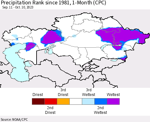 Kazakhstan Precipitation Rank since 1981, 1-Month (CPC) Thematic Map For 9/11/2023 - 10/10/2023