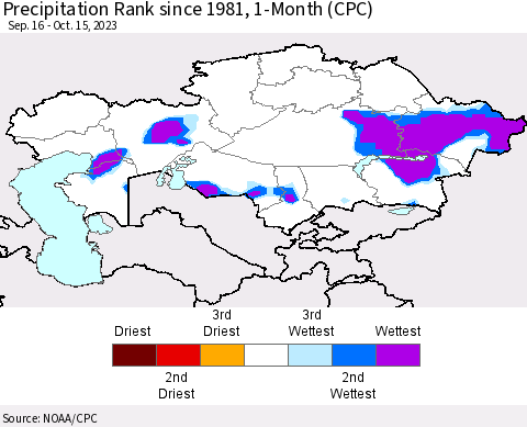 Kazakhstan Precipitation Rank since 1981, 1-Month (CPC) Thematic Map For 9/16/2023 - 10/15/2023