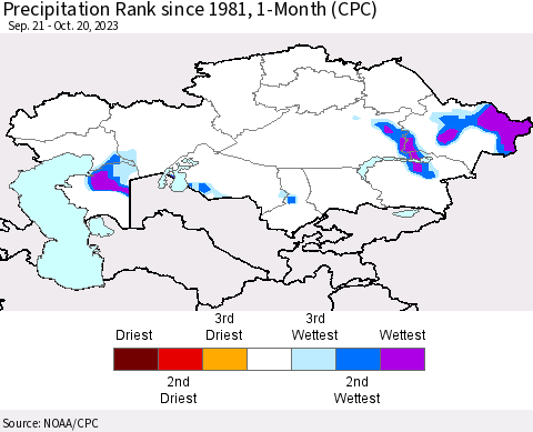 Kazakhstan Precipitation Rank since 1981, 1-Month (CPC) Thematic Map For 9/21/2023 - 10/20/2023