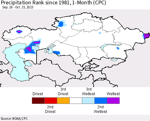 Kazakhstan Precipitation Rank since 1981, 1-Month (CPC) Thematic Map For 9/26/2023 - 10/25/2023