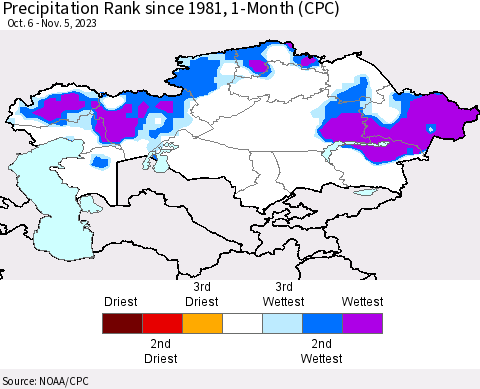 Kazakhstan Precipitation Rank since 1981, 1-Month (CPC) Thematic Map For 10/6/2023 - 11/5/2023