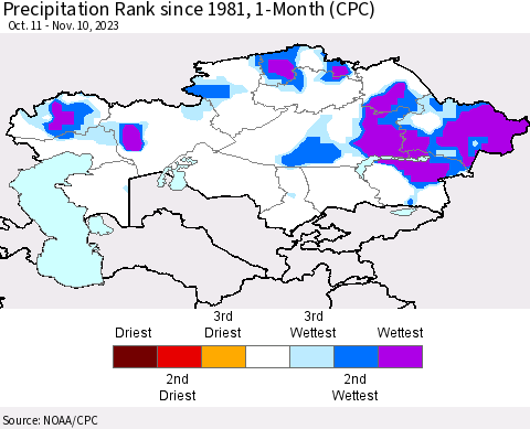 Kazakhstan Precipitation Rank since 1981, 1-Month (CPC) Thematic Map For 10/11/2023 - 11/10/2023