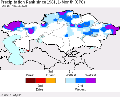 Kazakhstan Precipitation Rank since 1981, 1-Month (CPC) Thematic Map For 10/16/2023 - 11/15/2023