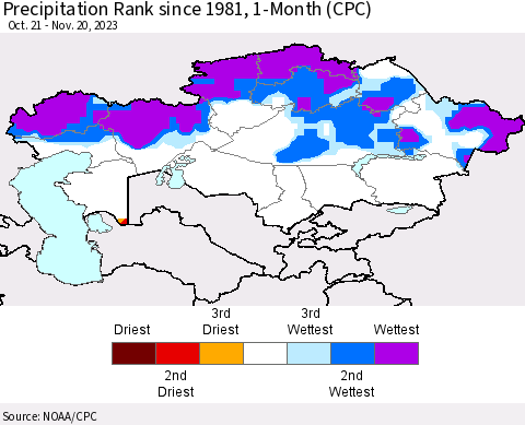 Kazakhstan Precipitation Rank since 1981, 1-Month (CPC) Thematic Map For 10/21/2023 - 11/20/2023