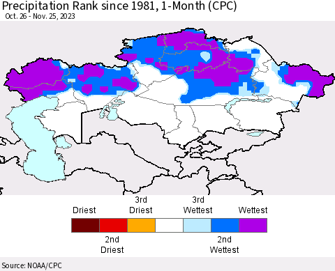 Kazakhstan Precipitation Rank since 1981, 1-Month (CPC) Thematic Map For 10/26/2023 - 11/25/2023