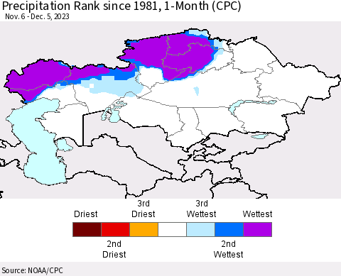 Kazakhstan Precipitation Rank since 1981, 1-Month (CPC) Thematic Map For 11/6/2023 - 12/5/2023