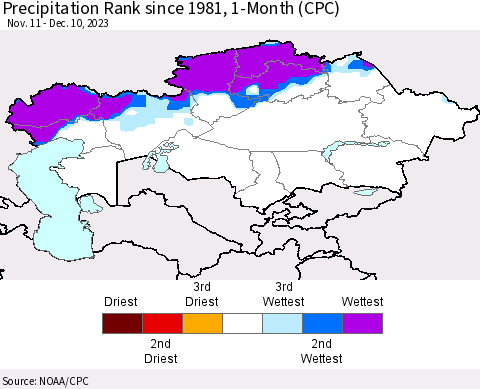 Kazakhstan Precipitation Rank since 1981, 1-Month (CPC) Thematic Map For 11/11/2023 - 12/10/2023