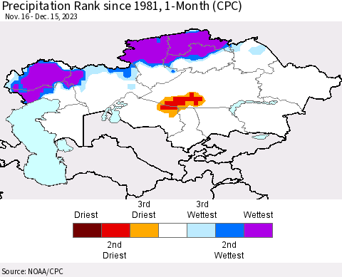 Kazakhstan Precipitation Rank since 1981, 1-Month (CPC) Thematic Map For 11/16/2023 - 12/15/2023