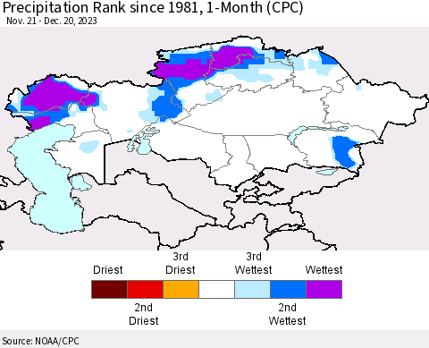 Kazakhstan Precipitation Rank since 1981, 1-Month (CPC) Thematic Map For 11/21/2023 - 12/20/2023