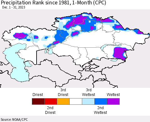 Kazakhstan Precipitation Rank since 1981, 1-Month (CPC) Thematic Map For 12/1/2023 - 12/31/2023